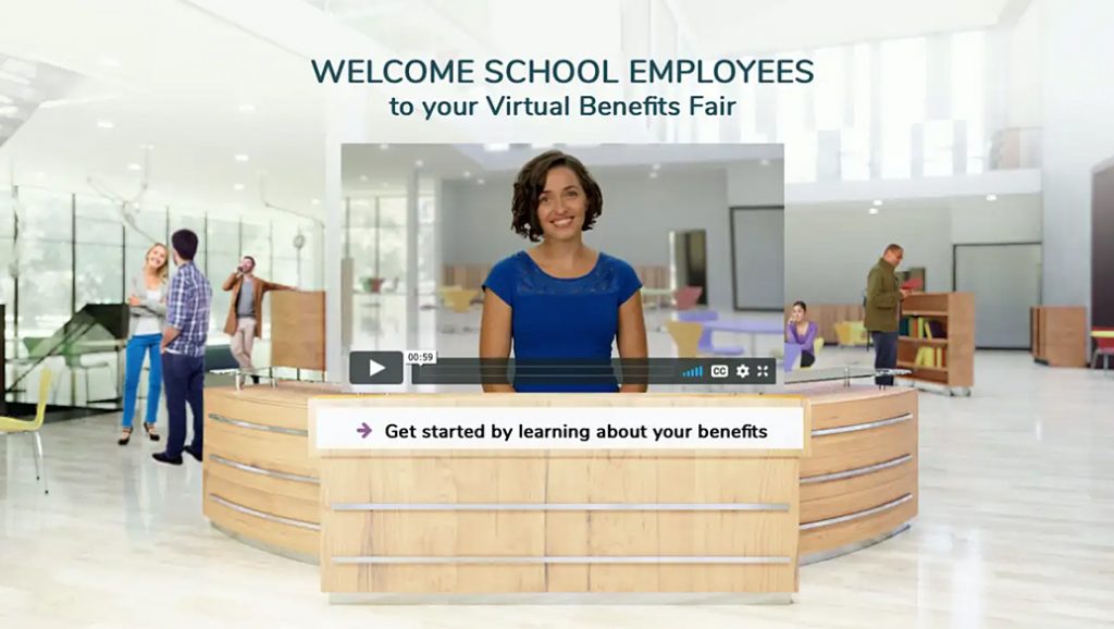A booth showing a video image of a woman where an actual woman would be, under the words, "Welcome School Employees to your Virtual Benefits Fair."