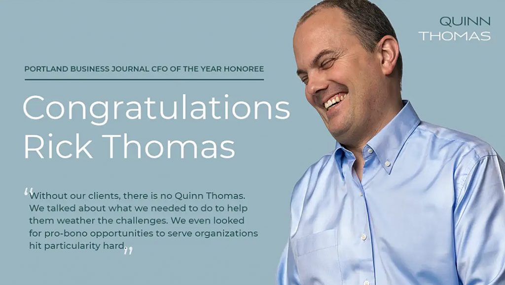 A man in blue shirt laughing paired with the words, "Congratulations Rick Thomas."