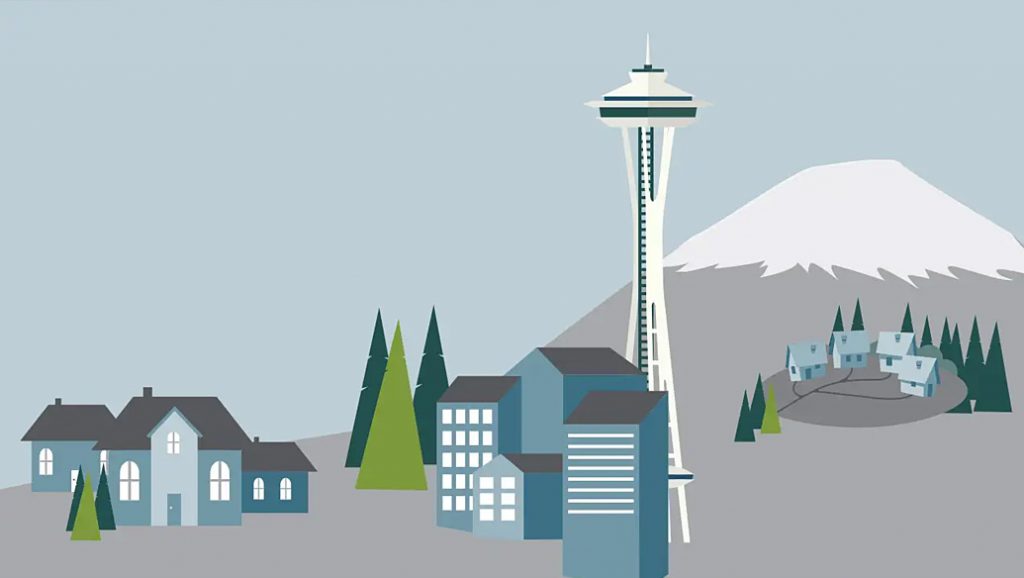 Seattle illustration showing the space needle and Mount Rainier.