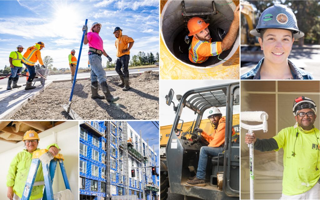 Collage of construction workers smiling and working.