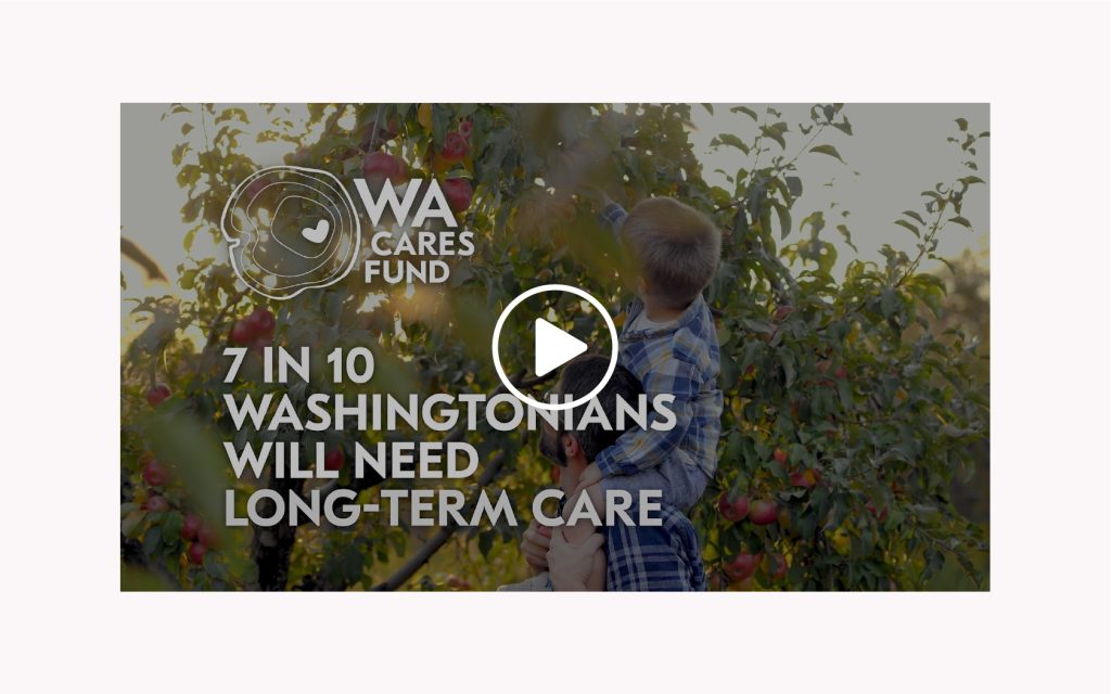Boy on man's shoulders in a field with the words, "7 in 10 Washingtonians will need long-term care" overlaid.