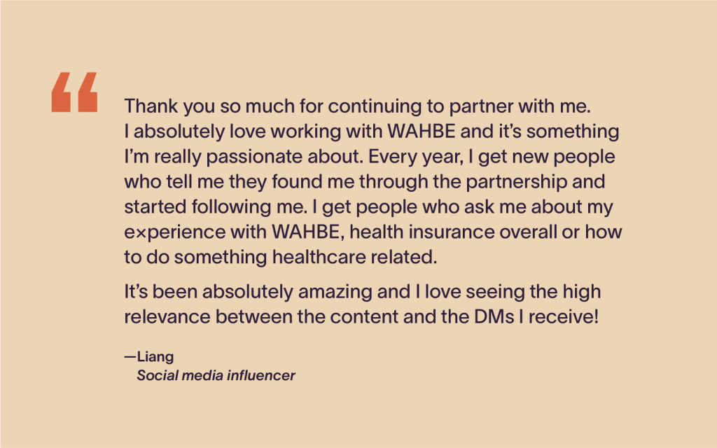 A quote from Liang, a social media influencer expressing joy at working with Washington Healthcare Benefit Exchange.