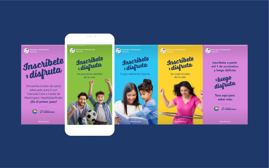 Five brightly colored Washington Health Benefit Exchange ads, with one shown on a mobile phone