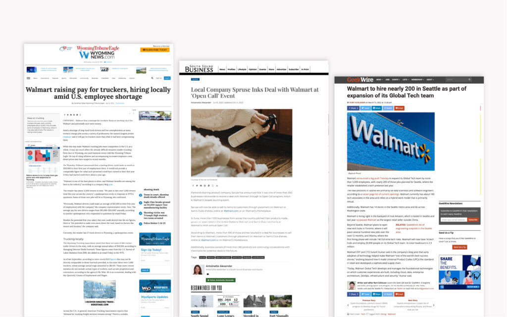 Three online articles about Walmart.