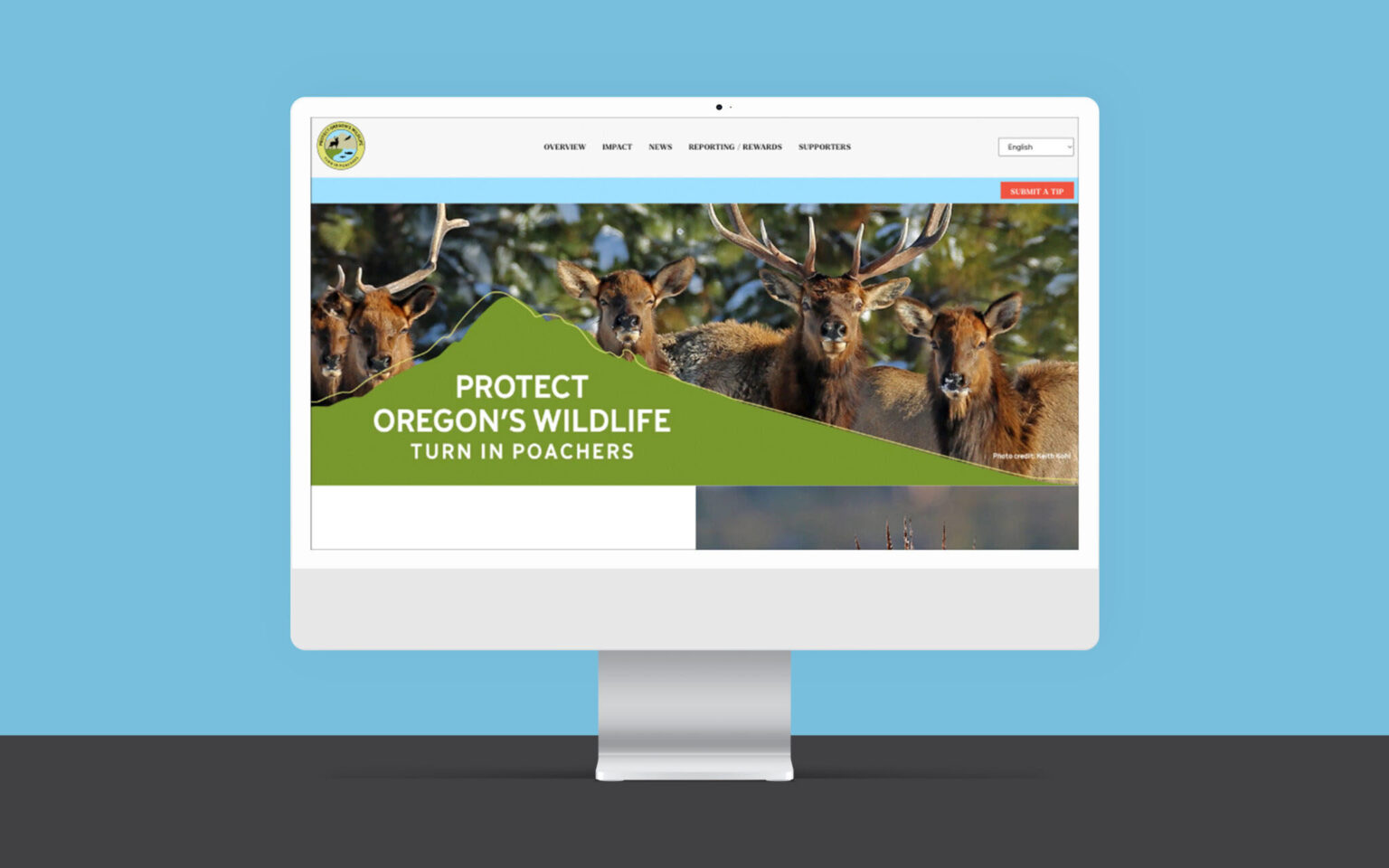 A computer displaying the Protect Oregon's Wildlife website homepage